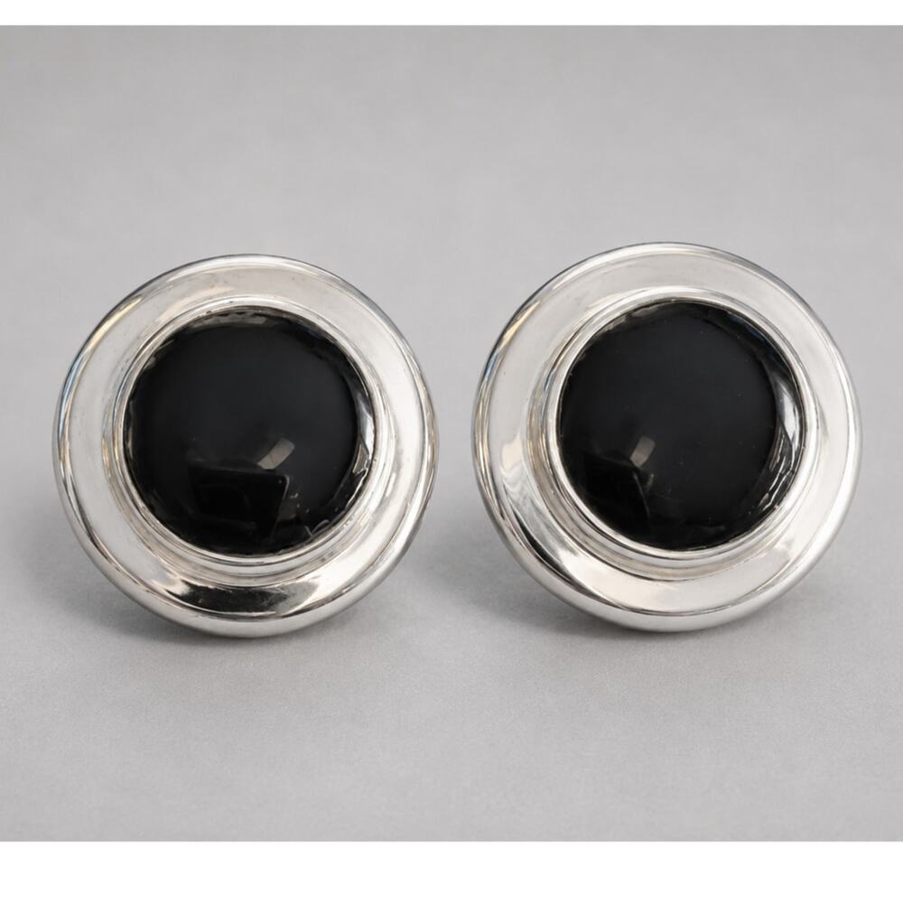 Vintage Silver‎ & Black Round Pierced Earrings, 1" kp-25